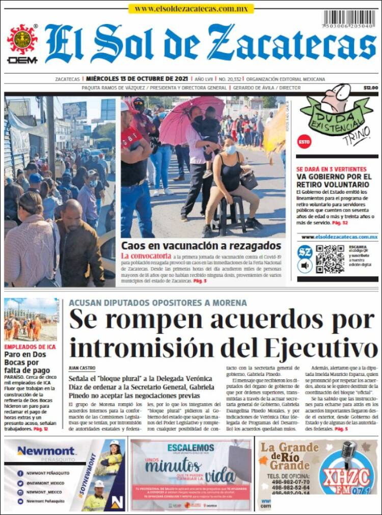 Portada de El Sol de Zacatecas (M&eacute;xico)