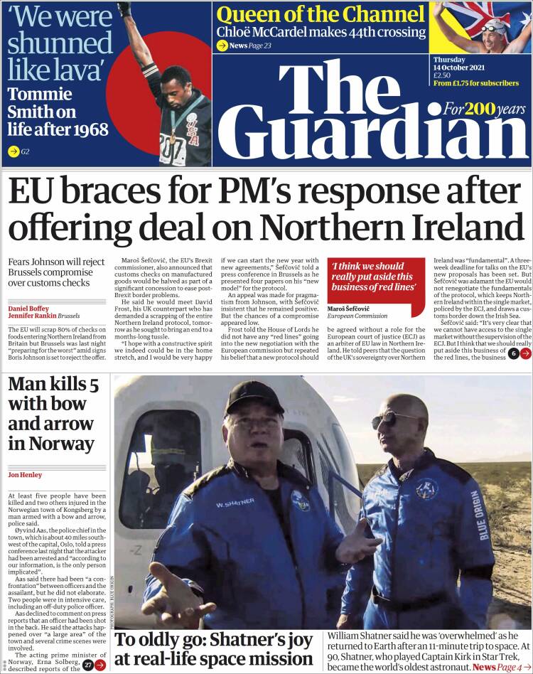 Portada de The Guardian (Reino Unido)