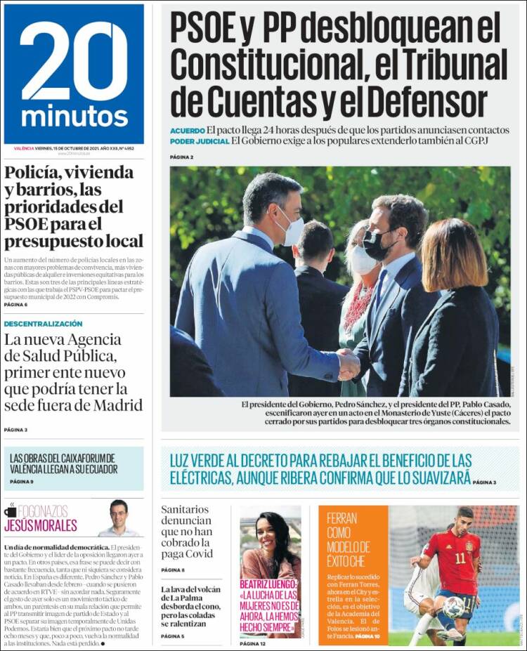 Portada de 20 Minutos - Valencia (España)