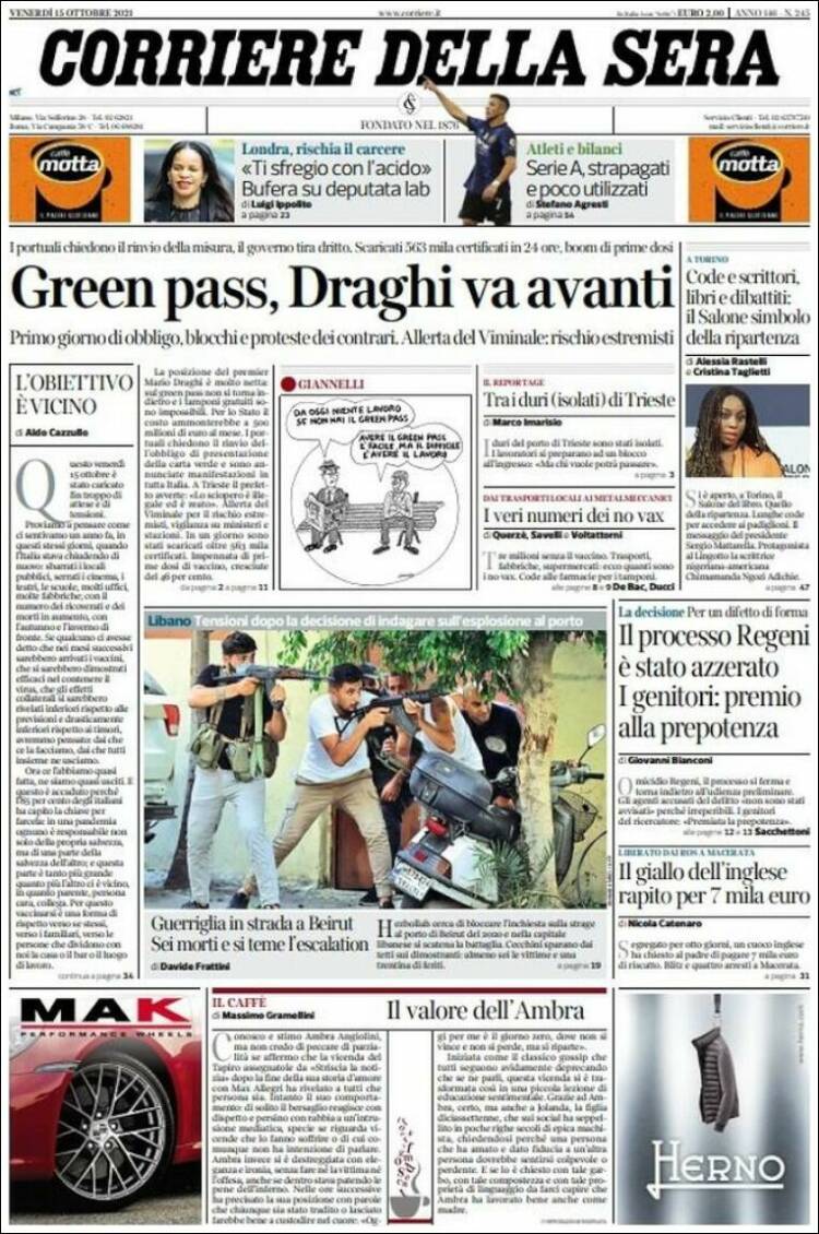 Portada de Corriere della Sera (Italia)