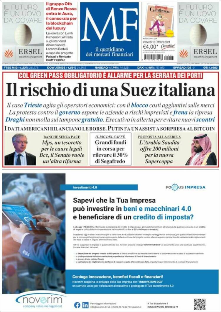 Portada de Milano Finanza (Italia)