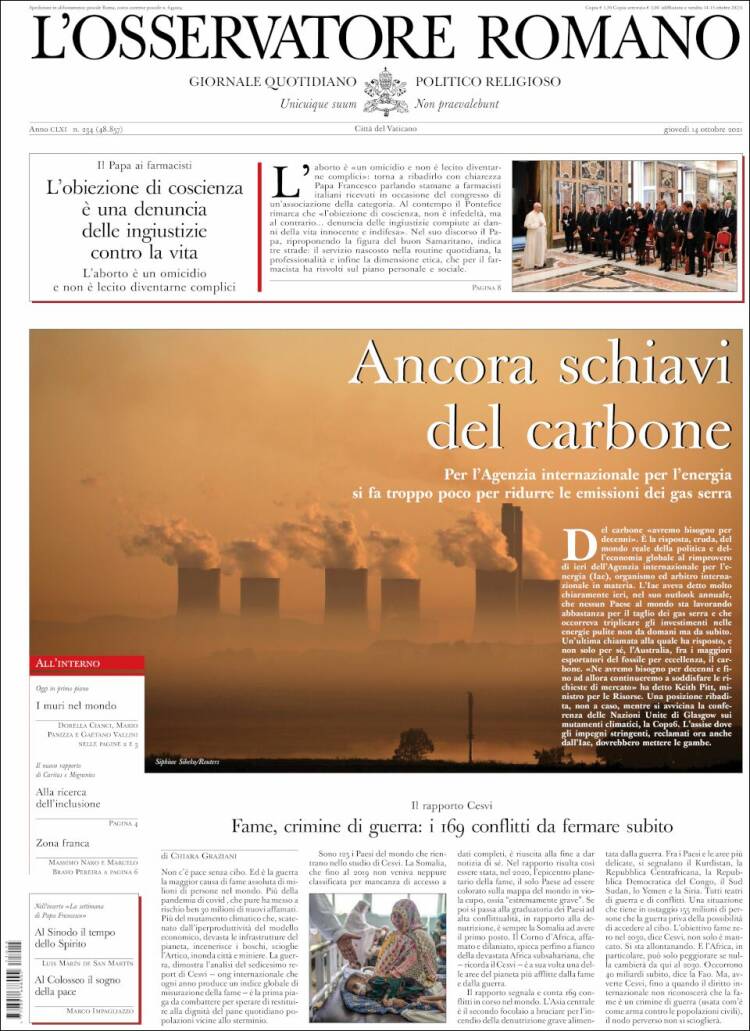 Portada de L'Osservatore Romano (Italia)