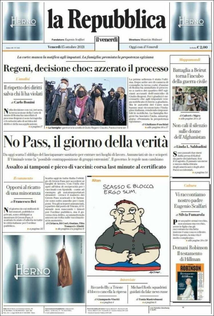 Portada de La Repubblica (Italia)