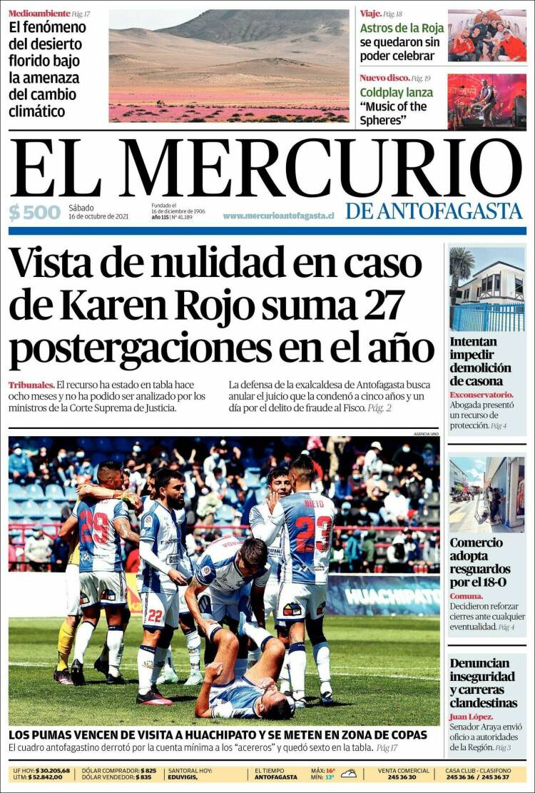 Portada de El Mercurio de Antofagasta (Chile)