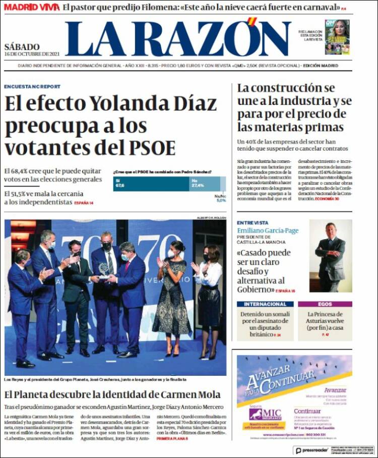 Portada de La Razón (España)