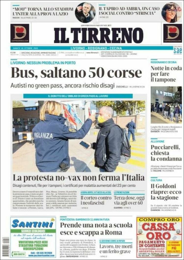 Portada de Il Tirreno (Italia)