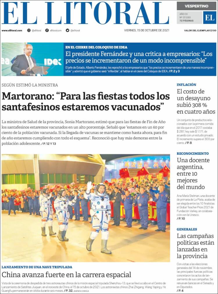 Portada de Diario El Litoral (Argentina)