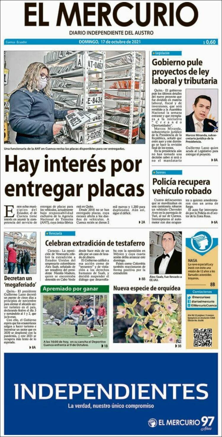 Portada de Diario El Mercurio (Ecuador)