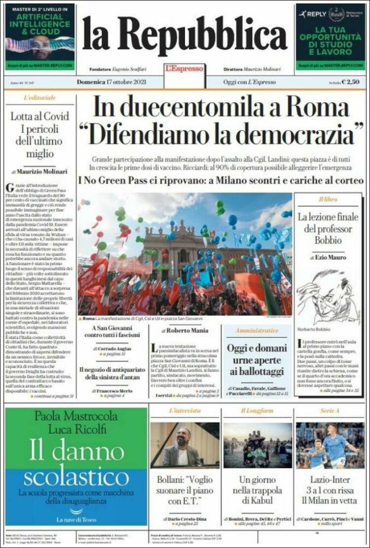 Portada de La Repubblica (Italia)