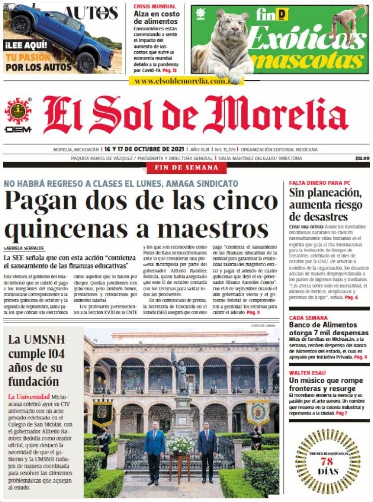 Portada de El Sol de Morelia (M&eacute;xico)