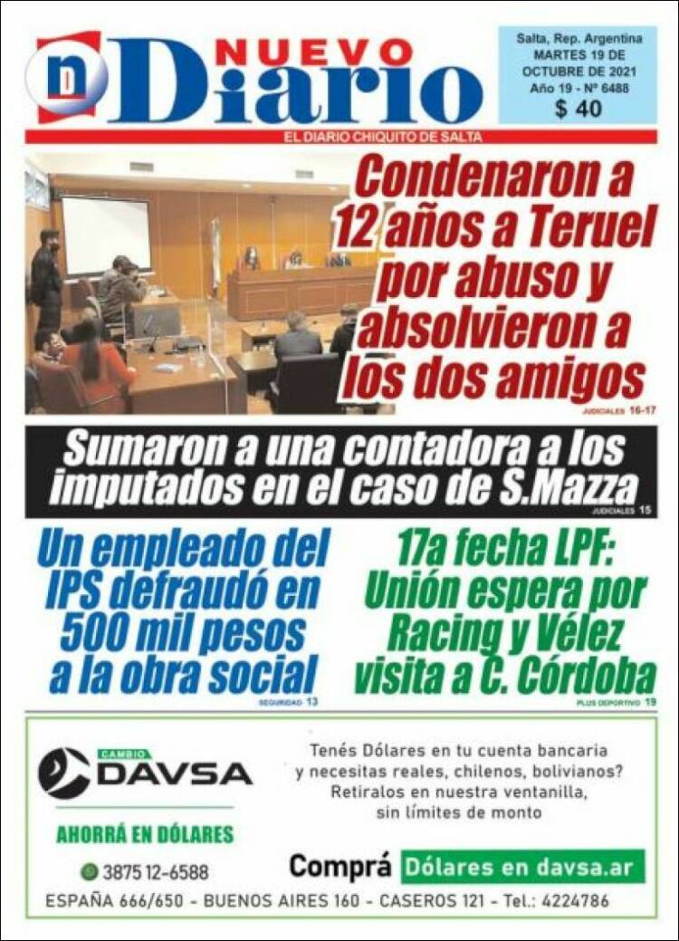 Portada de Nuevo Diario de Salta (Argentina)