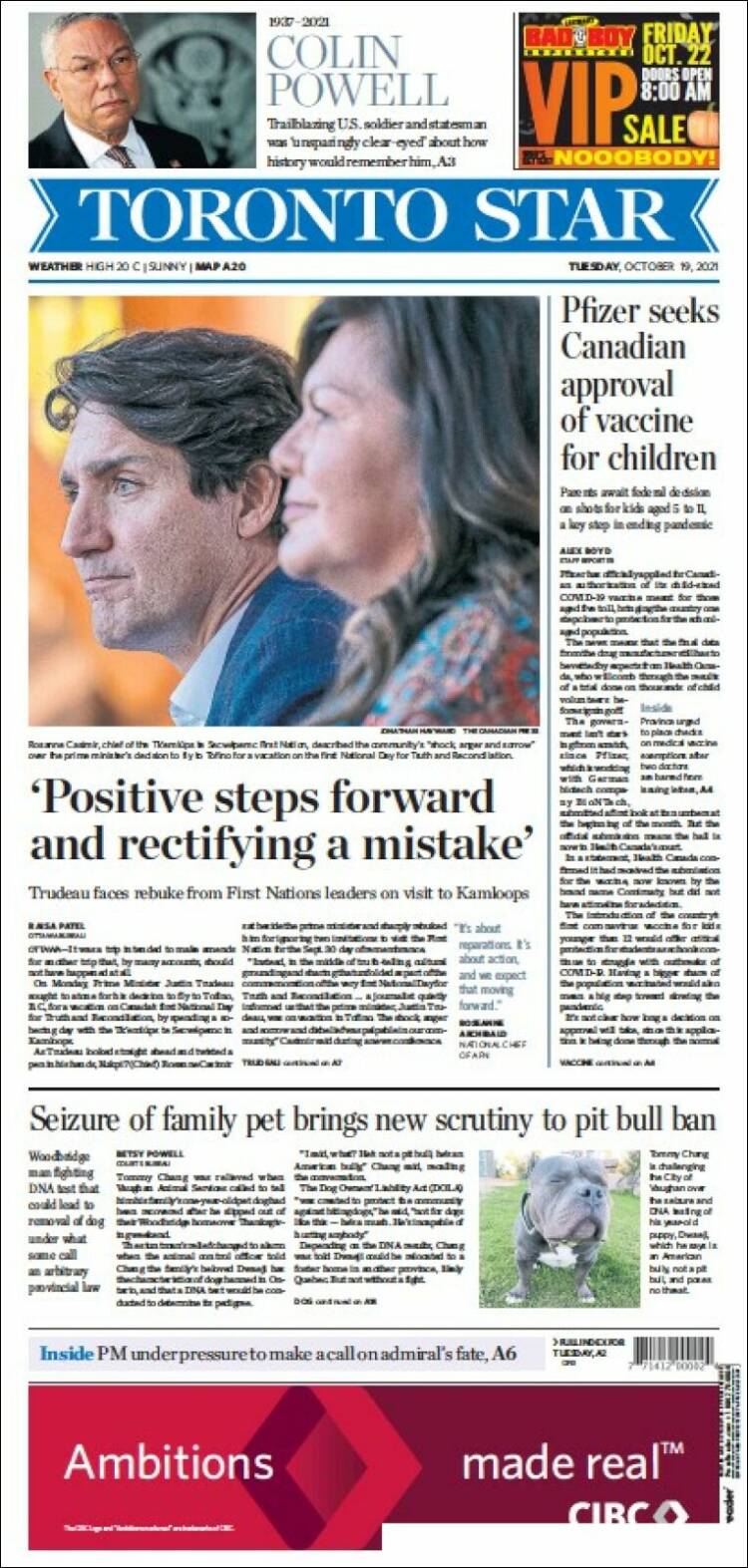 Portada de The Toronto Star (Canadá)