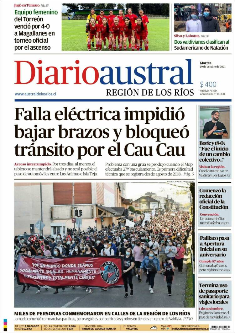 Portada de El Diario Austral de Valdivia (Chile)