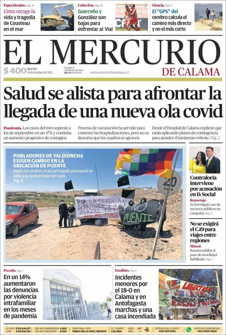 Portada de El Mercurio - Calama (Chile)