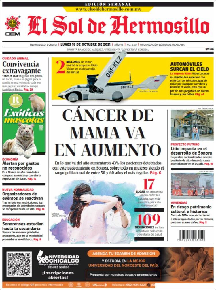 Portada de El Sol de Hermosillo (M&eacute;xico)