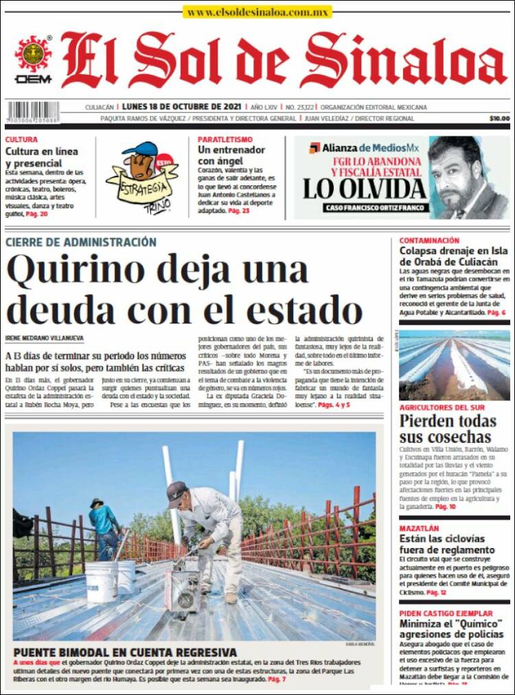 Portada de El Sol de Sinaloa (M&eacute;xico)