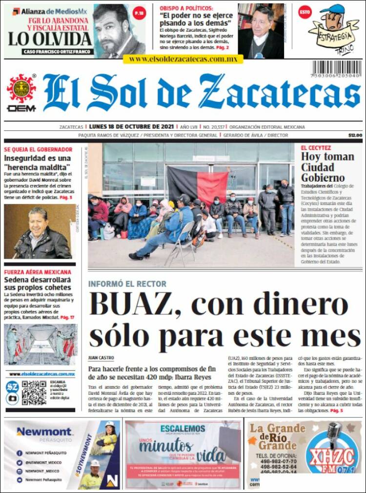 Portada de El Sol de Zacatecas (M&eacute;xico)
