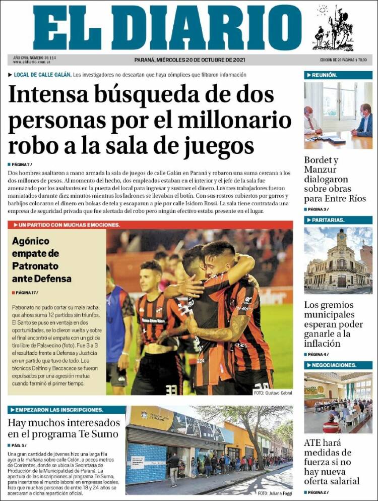 Portada de El Diario de Paraná (Argentina)