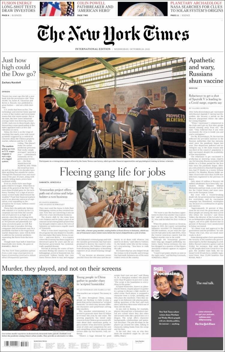 Portada de International New York Times (Europa)