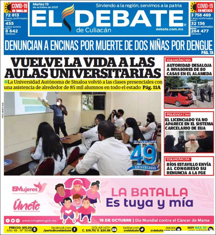 Portada de El Debate de Culiacán (México)