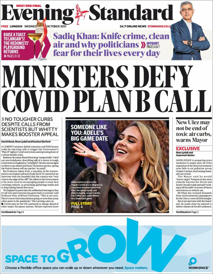 Portada de Evening Standard (Reino Unido)