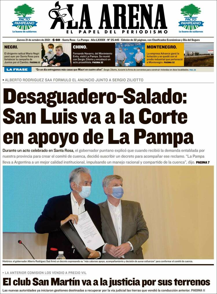 Portada de Diario La Arena (Argentina)