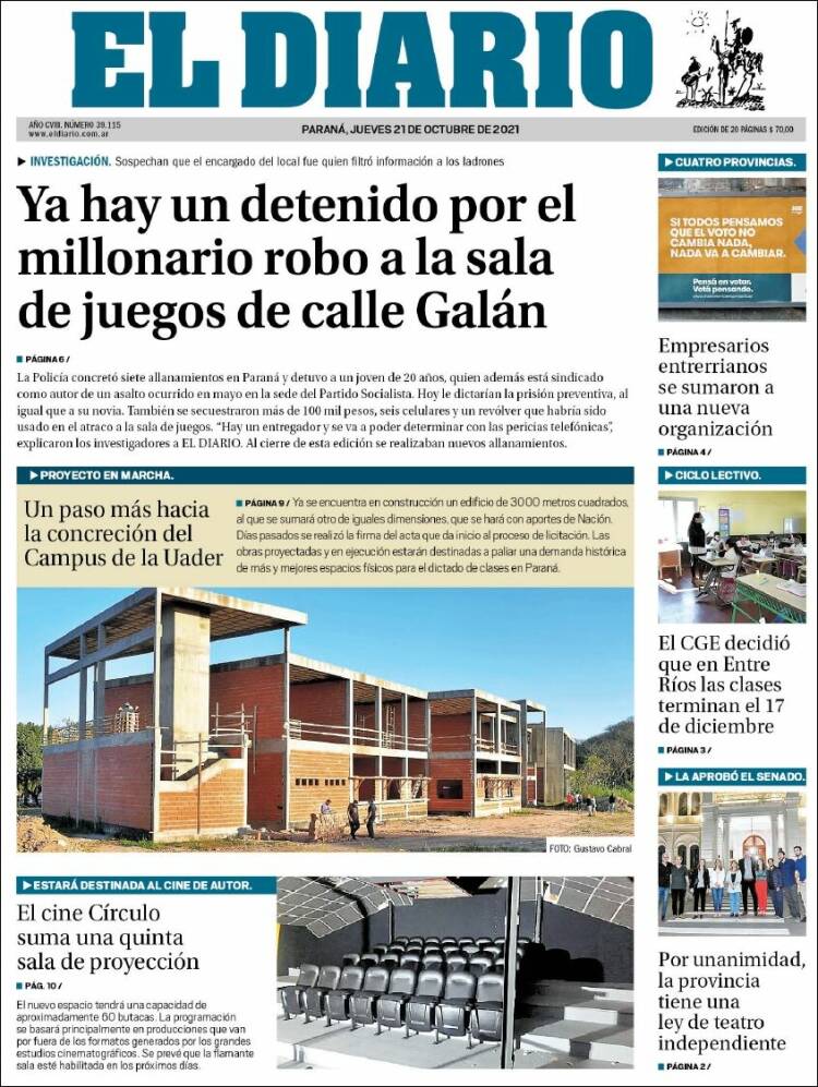 Portada de El Diario de Paraná (Argentina)