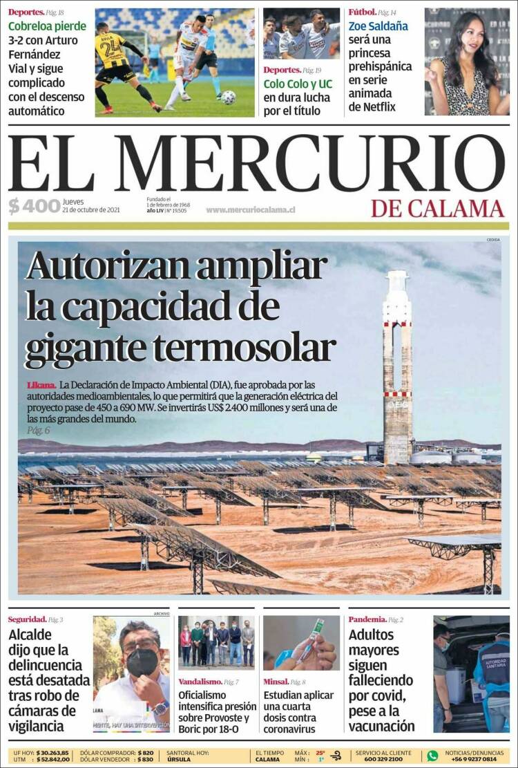 Portada de El Mercurio - Calama (Chile)