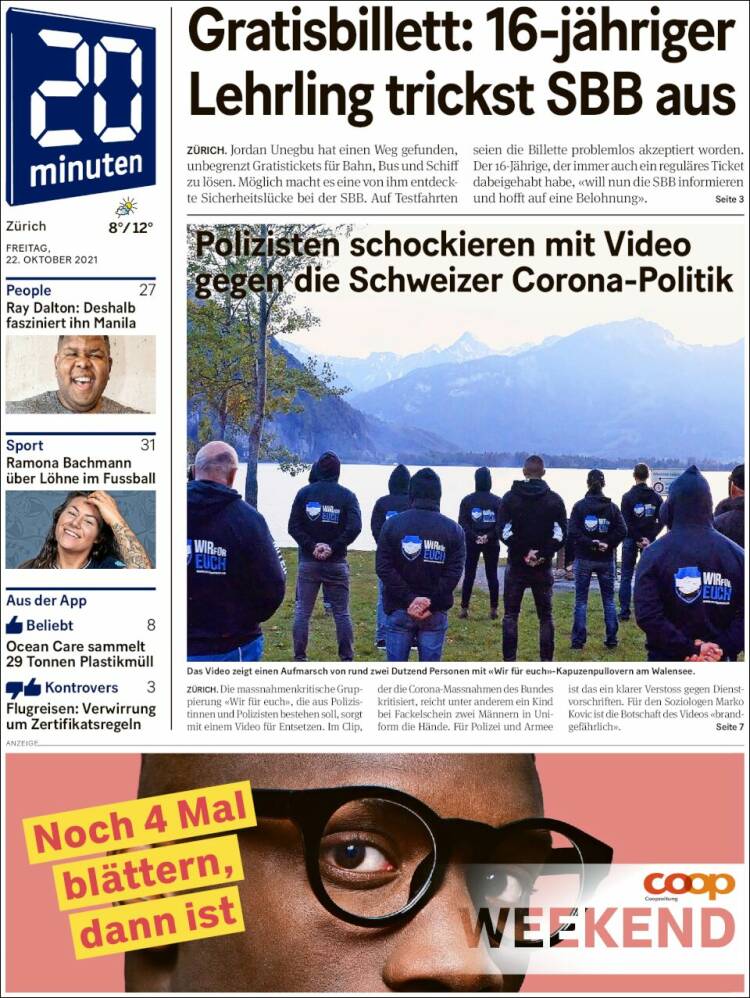Portada de 20Minuten - Zürich (Suiza)