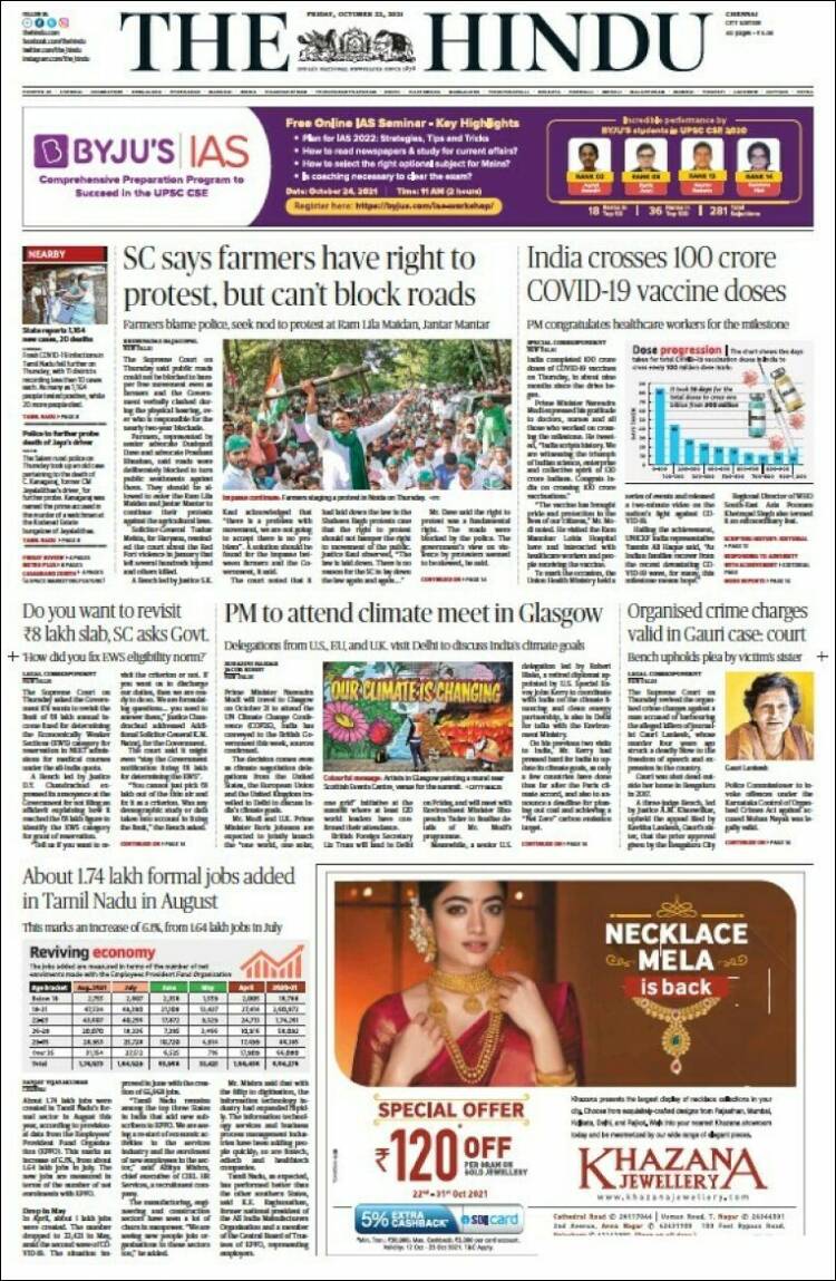 Portada de The Hindu (India)
