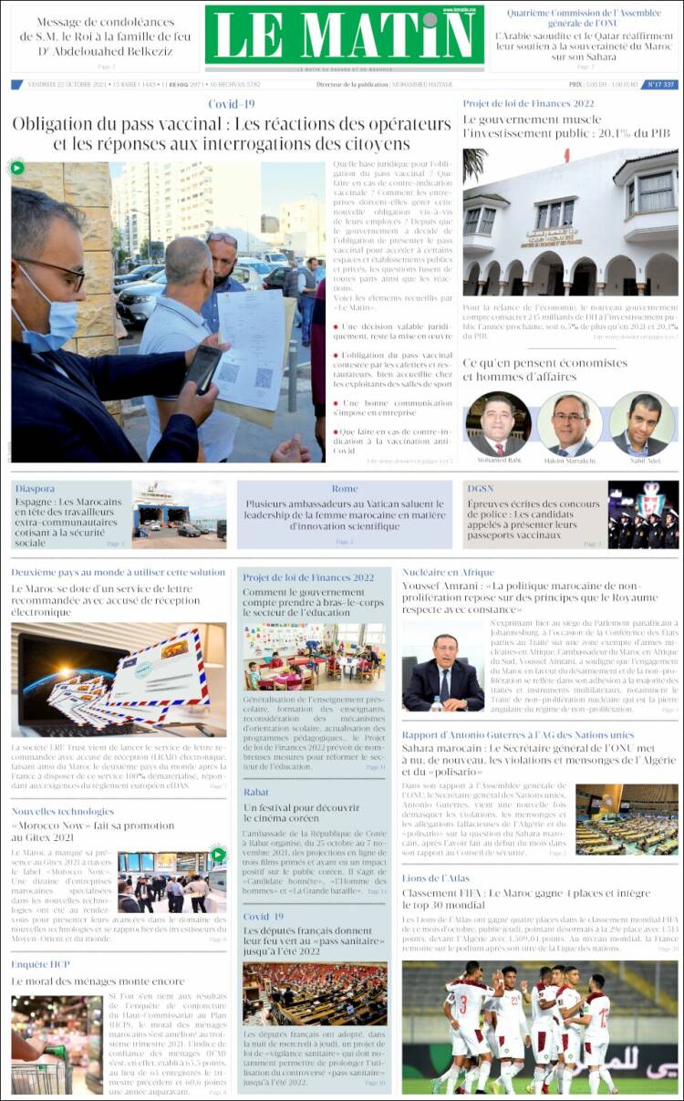 Portada de Le Matin (Marruecos)