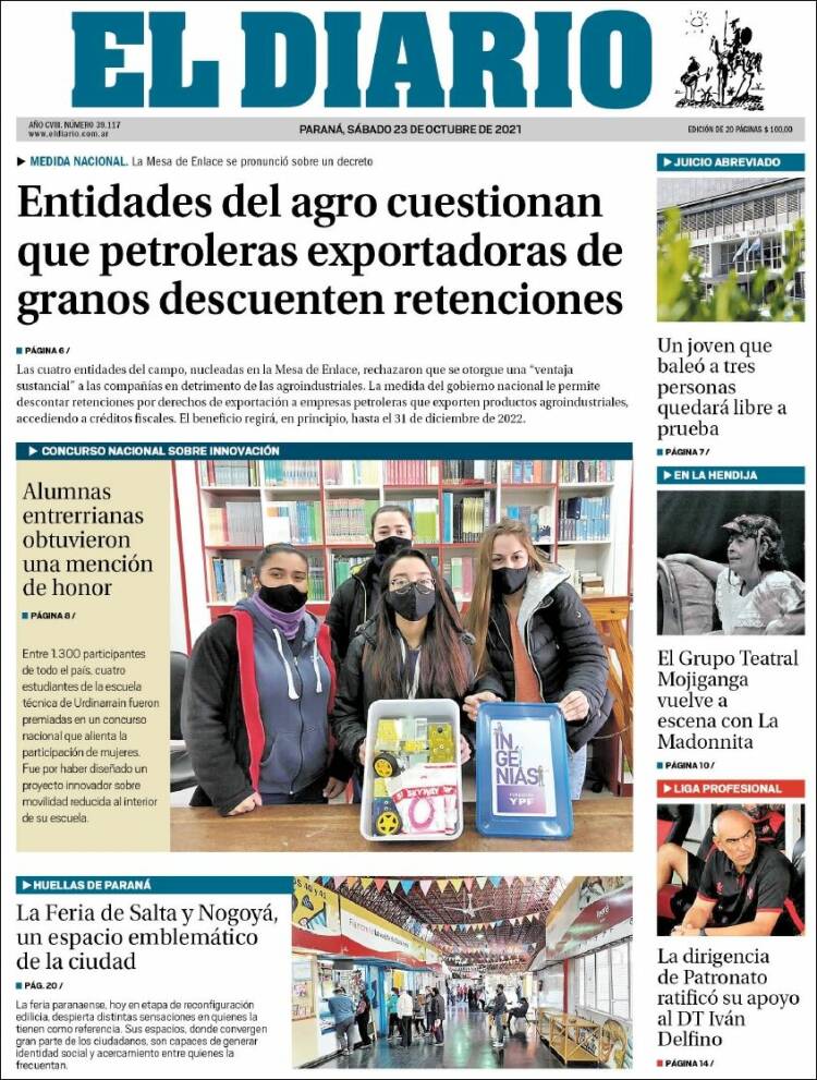 Portada de El Diario de Paraná (Argentina)