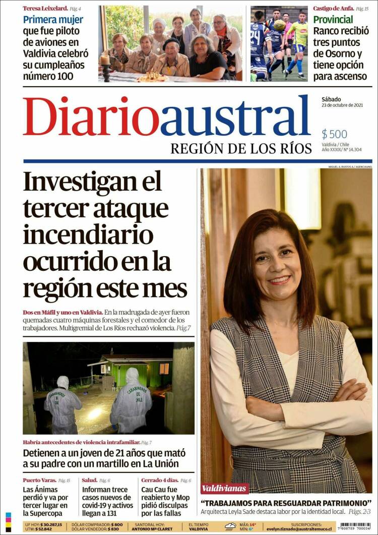 Portada de El Diario Austral de Valdivia (Chile)