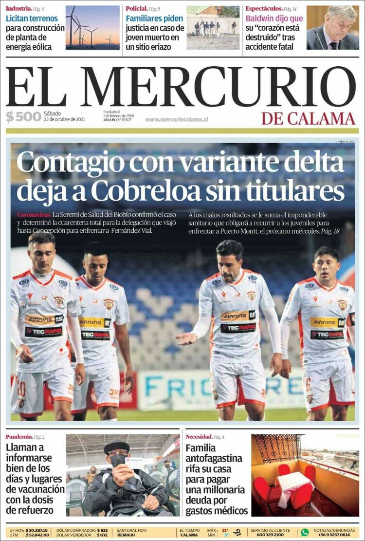 Portada de El Mercurio - Calama (Chile)