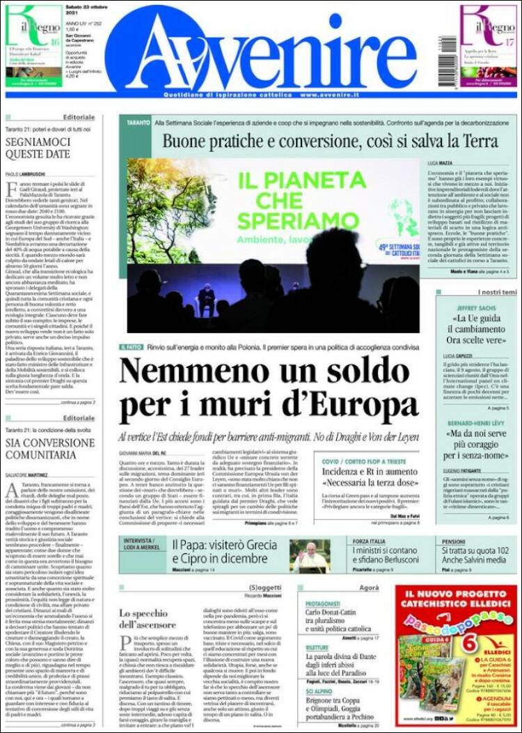Portada de Avvenire (Italia)