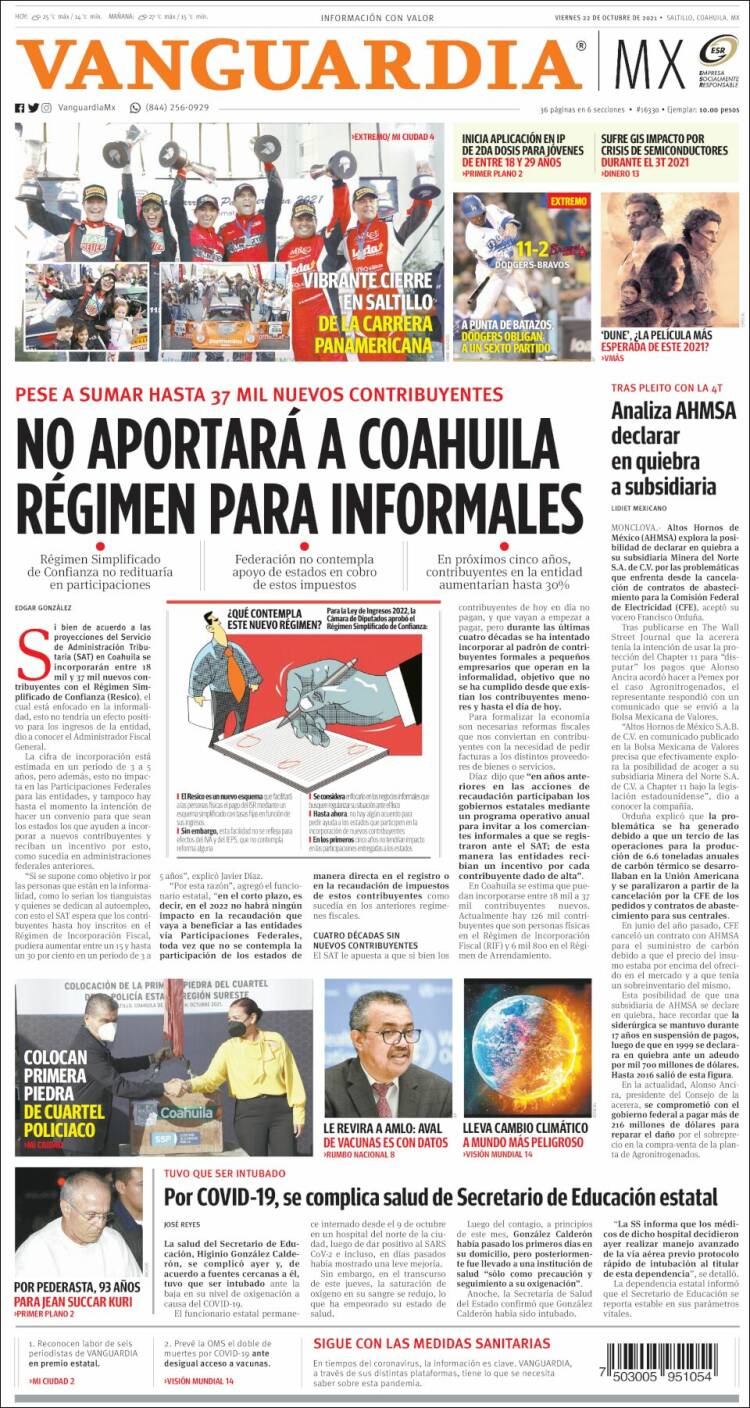 Portada de Vanguardia (M&eacute;xico)