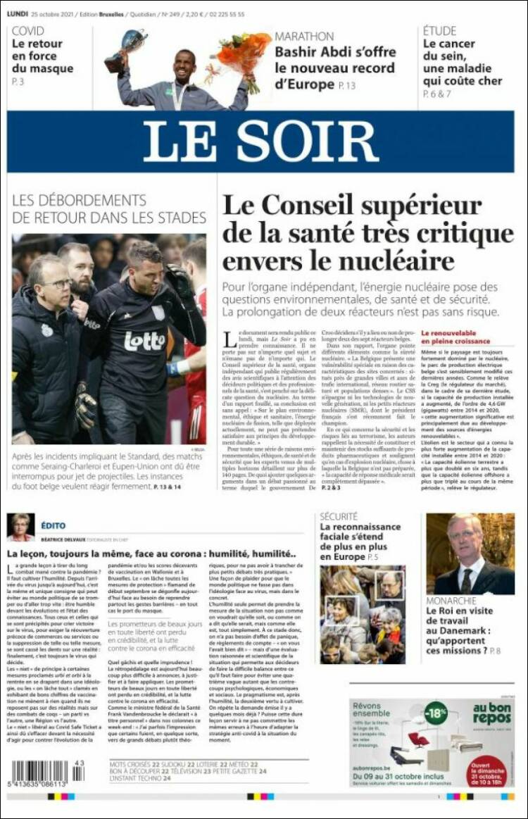 Portada de Le Soir (B&eacute;lgica)