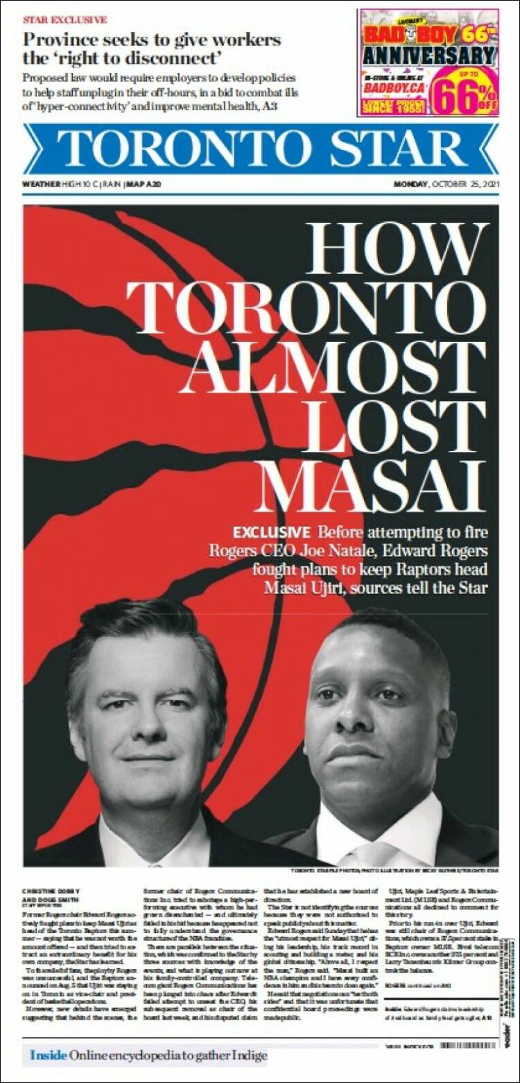 Portada de The Toronto Star (Canadá)