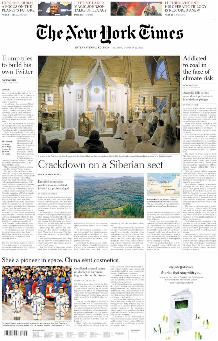 Portada de International New York Times (Europa)