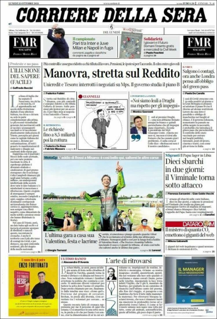 Portada de Corriere della Sera (Italia)