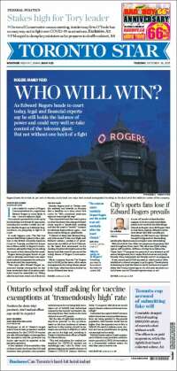 Portada de The Toronto Star (Canadá)