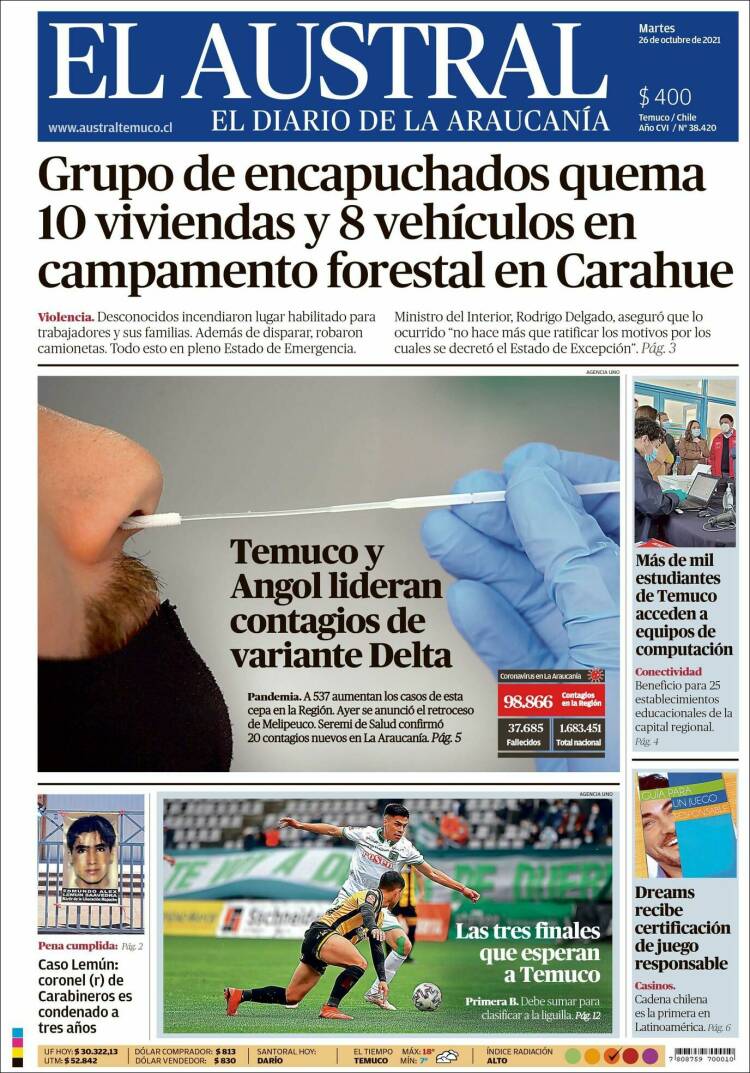 Portada de El Austral de Temuco (Chile)