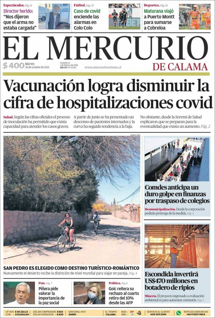 Portada de El Mercurio - Calama (Chile)