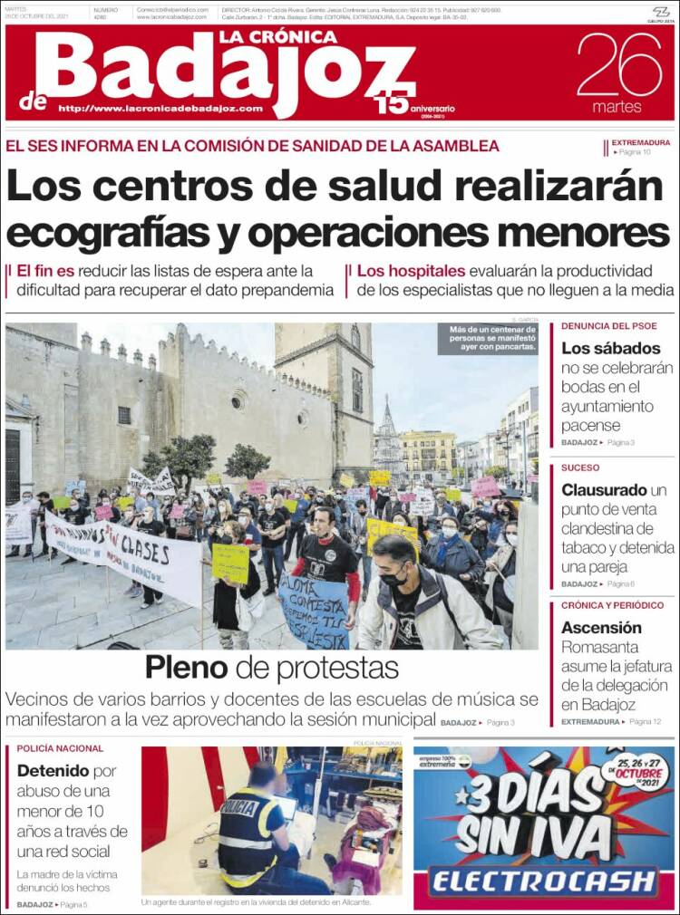 Portada de La Crónica de Badajoz (España)