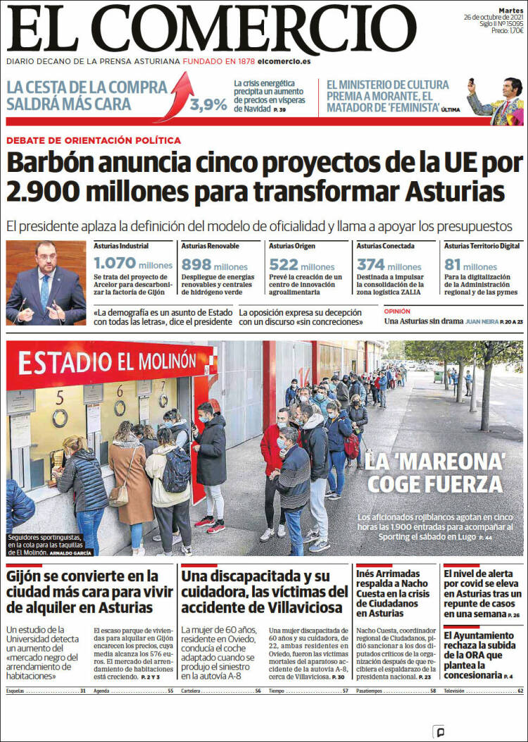 Portada de El Comercio - Gijón (España)