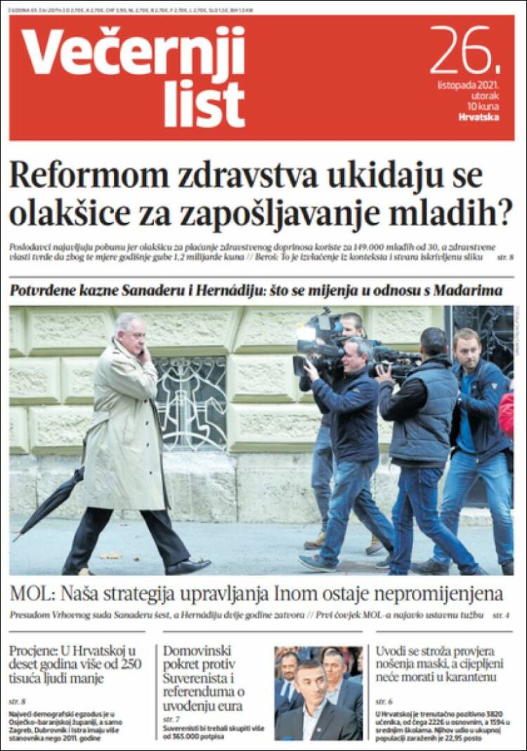 Portada de Večernji (Croacia)