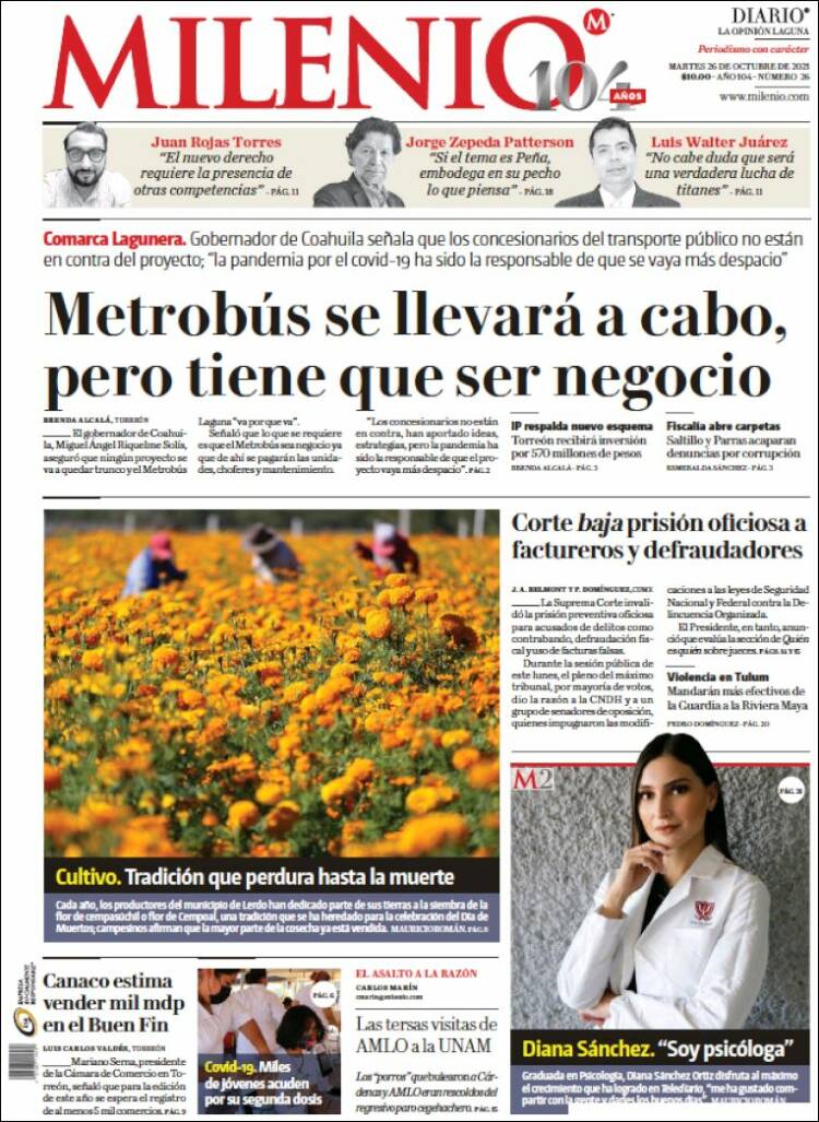 Portada de Milenio - Laguna (México)