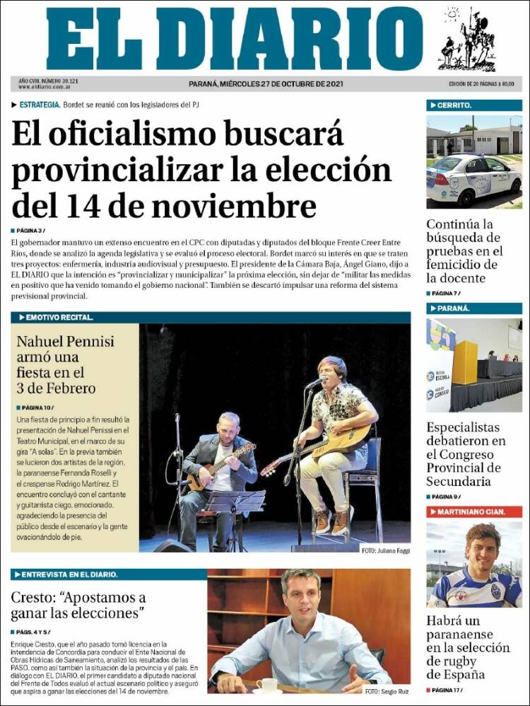 Portada de El Diario de Paraná (Argentina)