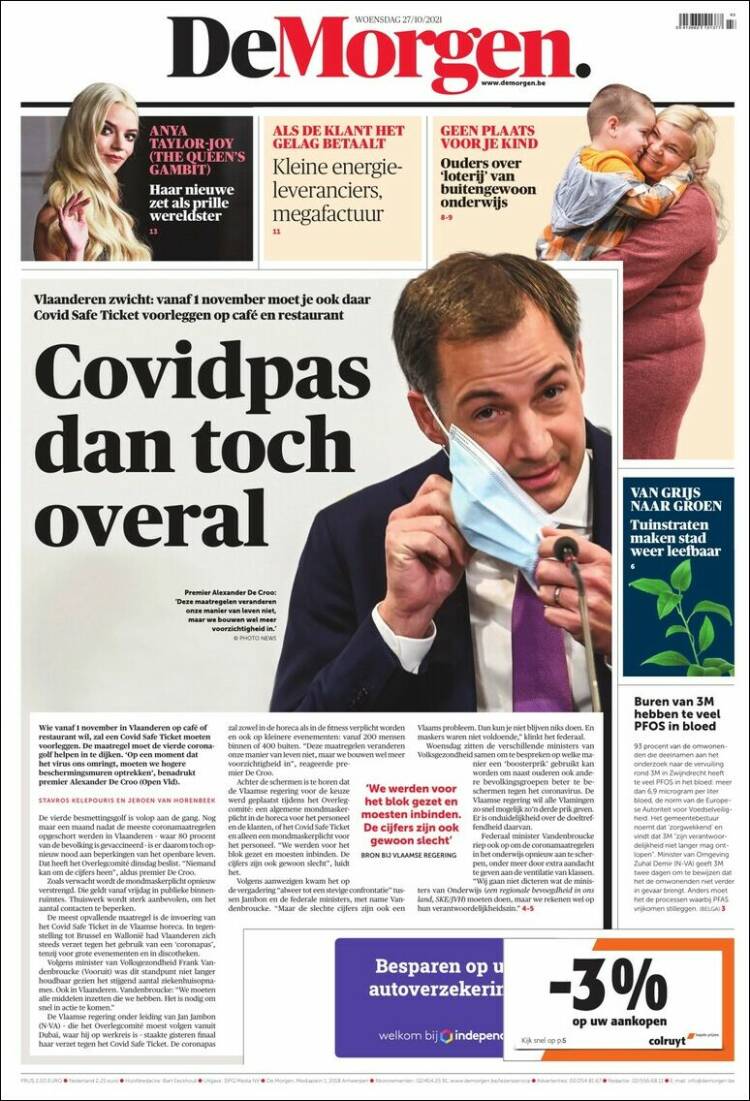 Portada de De Morgen (B&eacute;lgica)