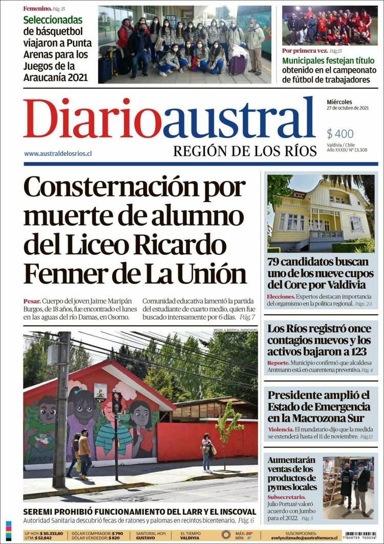 Portada de El Diario Austral de Valdivia (Chile)